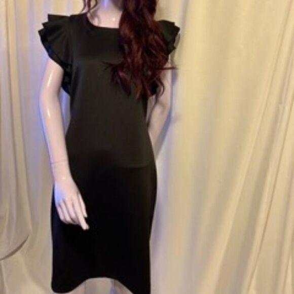 Tommy Hilfiger Scuba Crew Neck Flutter Ruffle Cap Sleeve Sheath Dress - Picture 2 of 9